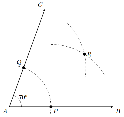 Step 4: A second arc is drawn from Q with the same radius, intersecting the first arc at R.
